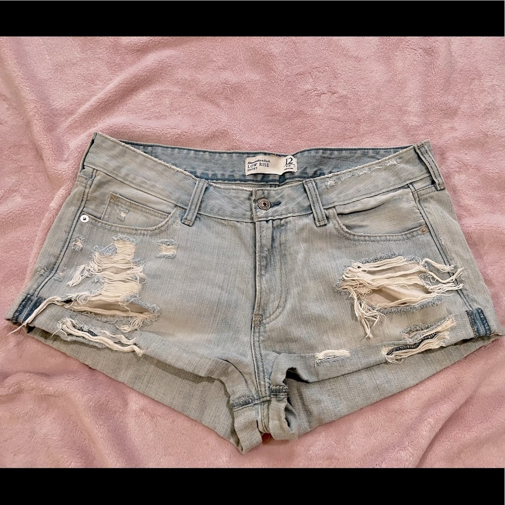 A&F Destroyed Light Washed Low Rise Jean Shorts